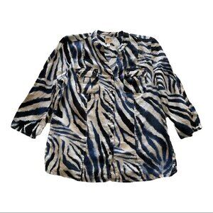 JM Collections 109% Linen Zebra Print Button Down Shirt Size 12P Blue cream